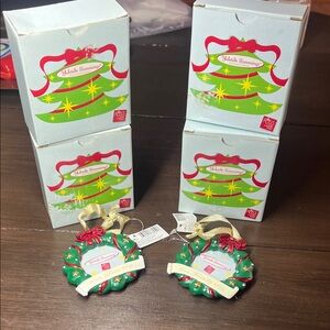 Four Wreath Ornaments - Green and Red 2 Family and 2 Love wreath ornaments